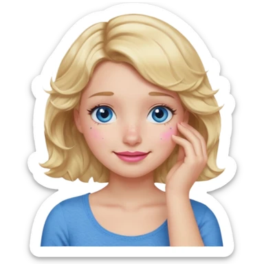 Girl Blonde short wavy hair,  blue eyes, cute blue top, long lashes, pink lips, smiling, 🤦🏻‍♀️ sticker