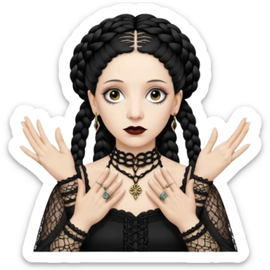 Lene Lovich as seen on the Stateless album cover with a typical symmetrical pose with her hands, lots of lace and braided hair sticker