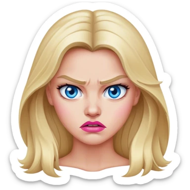 Cinematic realistic beautiful blonde with long hair, blue eyes and pink lips gets angry sticker