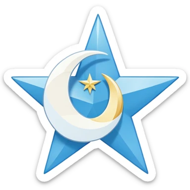 The flag is sky blue with a white crescent facing right on the left-center. Thin white lines outline the crescent, giving it a glowing effect. Inside or just right of the crescent is a white, symmetrical eight-pointed star. sticker