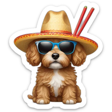 cavapoo wearing sunglasses and sombrero holding chopsticks sticker