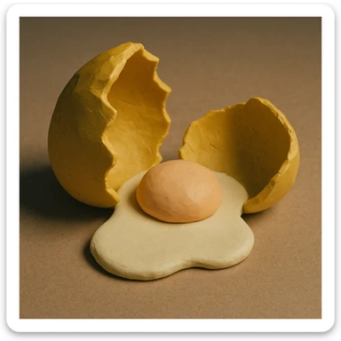 A golden broken egg in claymation style with a visible yolk, matte texture with visible fingerprints, pastel colors. sticker