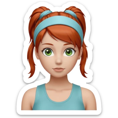 Emoji-style 3D female avatar with fair skin, large green eyes, soft makeup, and auburn-red hair tied in a high ponytail with a light blue hairband.
Wearing a light gray sleeveless tank top, centered front view, smooth realistic shading, clean lighting, isolated background, polished emoji realism. sticker