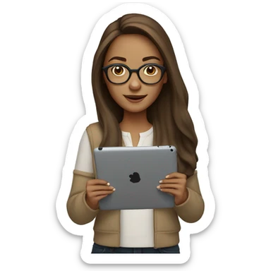 woman with long brown hair, light brown eyes, white glasses, with iPad in hand sticker