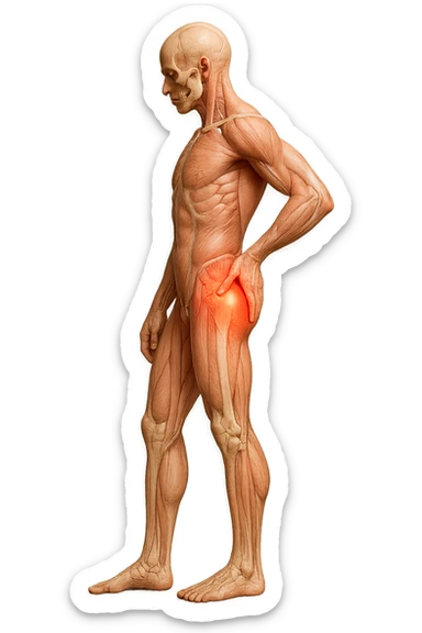 CORPO UMANO ANATOMICO DI PROFILO A FIGURA INTERA REALISTICO CHE SI TOCCA L'ANCA INFIAMMATA, DOLORE ALL'ANCA, IPERREALISTICO 4K sticker