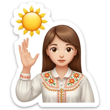 Young Ukrainian girl with brown hair wearing a white embroidered traditional shirt holding a bright sun in her hand sticker