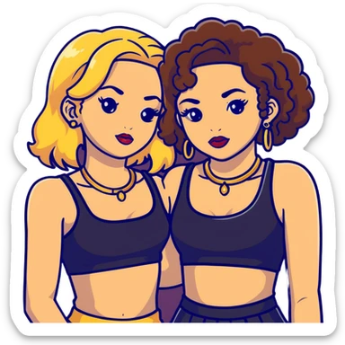 Two teenage girls together, one white with straight blonde hair and one brown-skinned with curly dark hair, both with heavy makeup, big lips, crop tops, gold jewelry and flashy choni style outfits sticker
