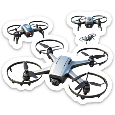 An icon showing a racing quadcopter drone in the foreground, flying at high speed through a course filled with obstacles and checkpoints. Other drones zoom in the background over a dynamic landscape. Transparent background highlights the thrill and precision of drone racing. sticker