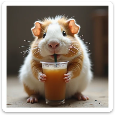 a lifelike guinea pig sipping bubble tea with a straw, photorealistic style sticker