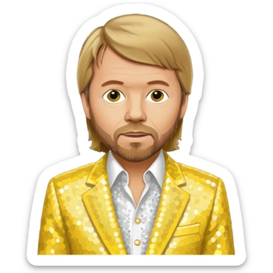Björn Ulvaeus from ABBA with dark blonde hair, yellow sequin shirt, white sequin suit jacket sticker