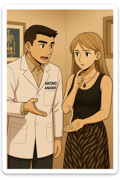 prendi spunto da queste immagini e fai un webtoon/manga a colori con questo kinesiologo in camice bianco (fagli la scritta "ANTONIO ANANIA" SUL CAMICE) CHE PARLA CON QUESTA RAGAZZA CON GLI OCCHI AZZURRI. la ragazza FA UNA DOMANDA DUBBIOSA, e IL KINESIOLOGO CON IL CAMICE BIANCO le SPIEGA UNA COSA MOSTRANDOLE UN VERME LUNGO E BEIGE CHIARO CHE HA IN MANO. NON FARE I FUMETTI, FAI SOLO LORO COME SE DIALOGASSERO sticker
