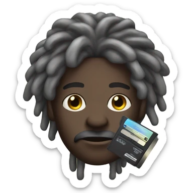darkskin with dreads and a mustache holding a cd sticker