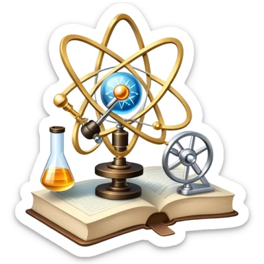 An icon featuring an atom, a physics book, and a pendulum, symbolizing physics. The design includes a microscope, a compass, and light rays, representing the study of energy, forces, and matter. Transparent background highlights scientific exploration and physical laws. sticker