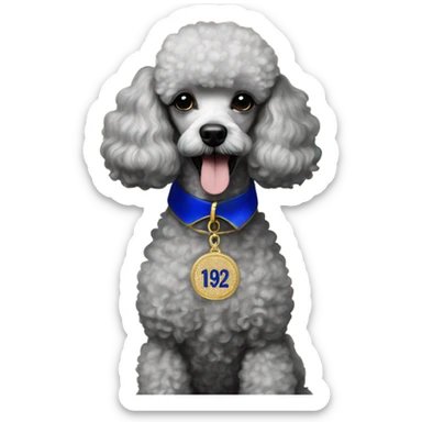 poodle with royal blue and gold collar and pendant that reads 1922 sticker