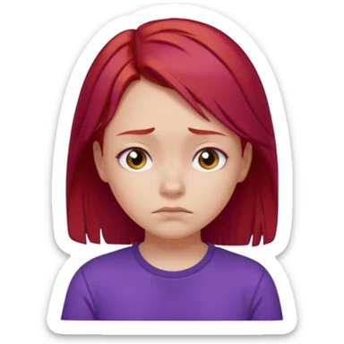 Young girl with red hair, wearing a purple T-shirt, with a sad face. sticker