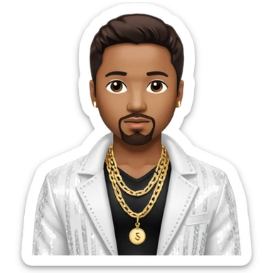Teddy Riley with dark brown hair, white sequin jacket, shirtless with necklace sticker