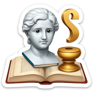 An icon featuring a classical bust, a book, and a question mark, symbolizing philosophy. The design includes a scroll with ancient text, evoking deep thought and intellectual inquiry. Transparent background highlights the search for knowledge and meaning sticker