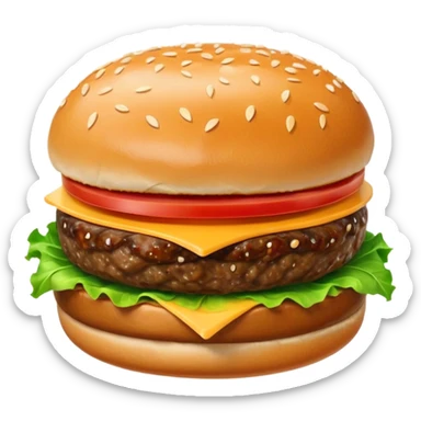A classic single patty hamburger emoji, 3D Apple style, glossy and colorful. Soft rounded bun with sesame seeds, one beef patty, fresh lettuce, tomato slice, melted cheese, realistic but cartoonish look, clean white background sticker