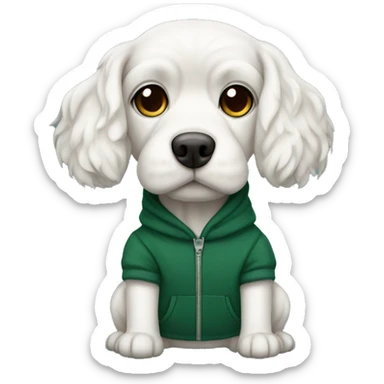 Dog white cute maltaise wearing a dark green hoodie  sticker