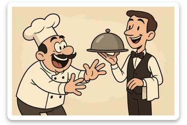 a hungry chef reaching toward a waiter with a tray, both smiling, minimal background sticker