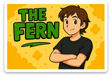 Make the brunette anime man look 20 years old with youthful facial features, still leaning to the side with arms crossed, in front of green bubble letters that say 'The Fern'. He should have a black t-shirt, no jacket, medium-length brown hair, and an expressive anime face. Keep the vibrant, cartoonish, eye-catching vibe in vibrant toon style. sticker