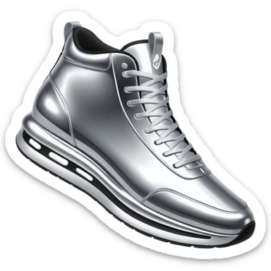 A pair of futuristic sneakers emoji made of silver chrome, sleek streetwear design, smooth metallic panels, subtle reflections, luxury swag aesthetic, iOS emoji style, centered, clean white background sticker
