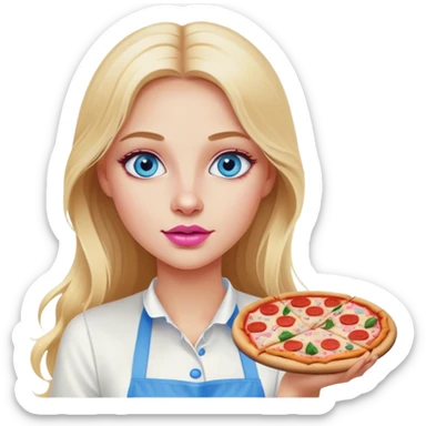 Cinematic realistic beautiful blonde with long hair, blue eyes and pink lips in a white dress cooks pizza sticker