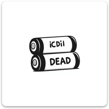 Two dead batteries stacked on top of each other, depleted, empty power sticker