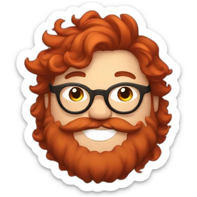 Chubby, non binary, round glasses, long brown hair and chaotic red beard, laughing sticker