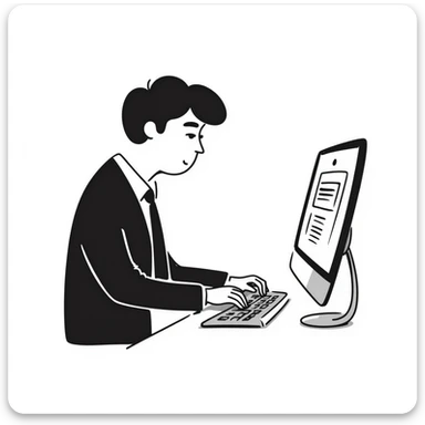 A person in a business suit working on a computer sticker