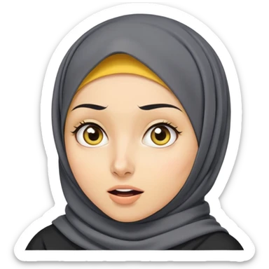 người phụ nữ 30 tuổi, da vàng, đội khăn hijab, tóc ngắn màu đen, mặt biểu cảm ngạc nhiên, áo màu xám đậm sticker