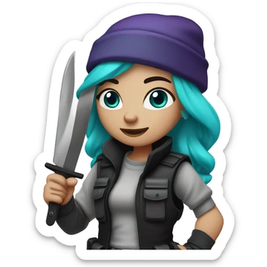 Girl, white skin, tactical vest, dark pants, long teal purple hair, blue eyes, black beanie hat, knife, black combat boots sticker