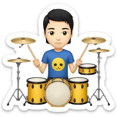 drummer with yellow skin and black hair at drum kit sticker