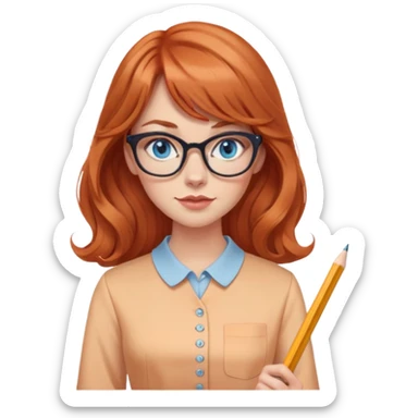 redheaded woman with long wavy hair and bangs, blue eyes, cat-eye glasses, pencil skirt, apricot blouse, holding a pencil sticker