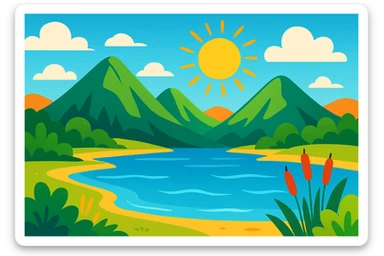 Summer landscape with a lake, mountains in the background, and a bright sun, vibrant and colorful sticker