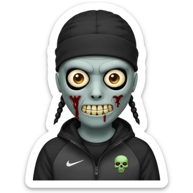 a zombie emoji with black dreads and a black nike jacket and black nike ski mask on his head sticker