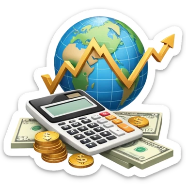 An icon featuring a calculator, a dollar sign, and a chart with upward trends, symbolizing economics. The design includes coins, bills, and a globe, representing global trade and financial systems. Transparent background highlights the study of markets, supply, and demand. sticker