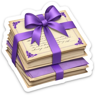 A beautifully arranged Stack of aged letters, tied with a purple ribbon, envelopes, corespondence, aesthetic, purple flower petals around, mails sticker
