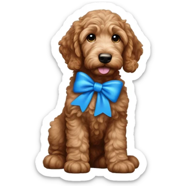 Red brown goldendoodle puppy white nose and chest blue bow in ear  sticker