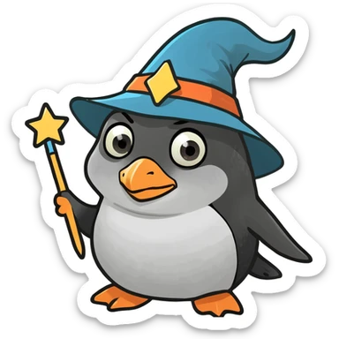 a cute penguin wizard with a pointy hat and a magic wand sticker