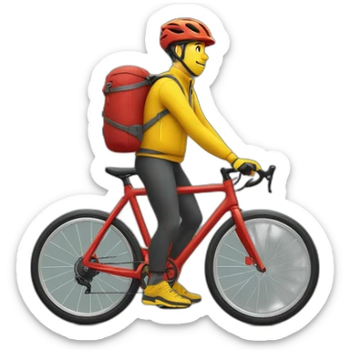 Homme en tenue jaune qui fait de la livraison à vélo avec un sac rouge cubique sticker