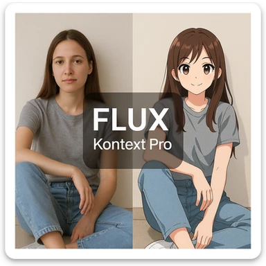 create before after image of a girl before is realsitic photo, after is anime version of her in same pose and clothes, add logo with text of a "FLUX Kontext Pro" sticker