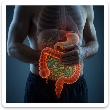 Hyperrealistic 4K anatomical view of a human body in a similar position to the reference image, with the intestine highlighted and glowing. No parasites present, but showing dysbiosis with visible bacteria and microorganisms inside the intestine. Medical atmosphere, highly detailed and realistic. sticker