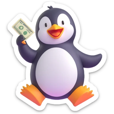 a dancing penguin holding money, 3D emoji style sticker
