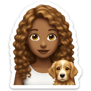 Tan skinned girl with  long brown curly hair with a golden retriever puppy sticker