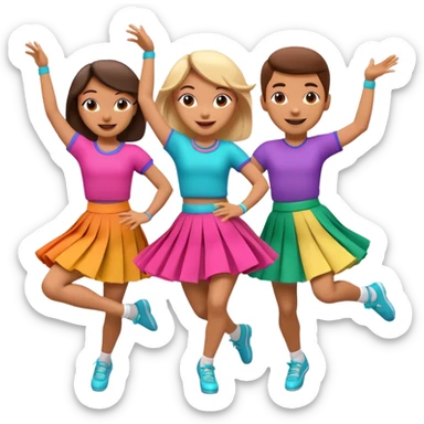 Three 3D cartoon dancers in colorful skirts kicking in rhythm, cheerful pose, bright studio background, Memoji-style. sticker