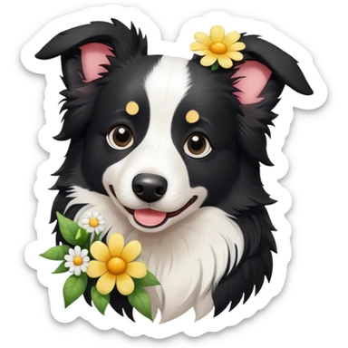 A cute  little  Black and white Border Collie and flower sticker