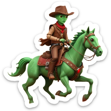 An alien cowboy riding a mechanical horse across a red Martian desert, two moons in the sky, dust storm swirling, wide cinematic shot, dramatic composition, hyper detailed, sci-fi western fusion sticker