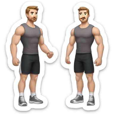 Close up Actively gesturing  with hands Pale skinned Fit Man With the biceps and brown hair in dark gray Sleeveless Mike, black oversize sports shorts, watch and white Sneakers sticker