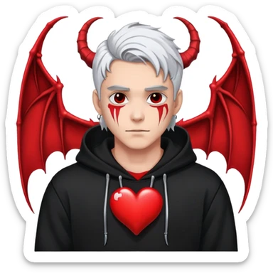 man with black and white hair, half black face, red horns, black hoodie, red wings, dragon skeleton, heart necklace sticker